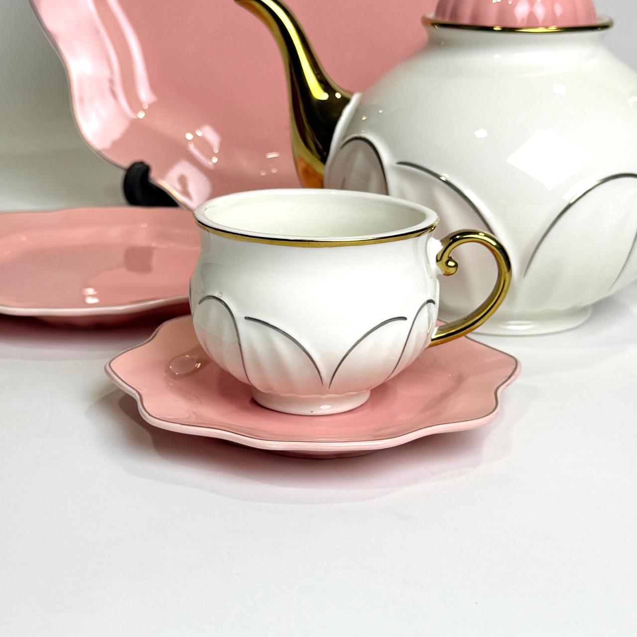 Luxury 24-Piece Bone China Tea Set – Blush Pink & White with Gold Accents