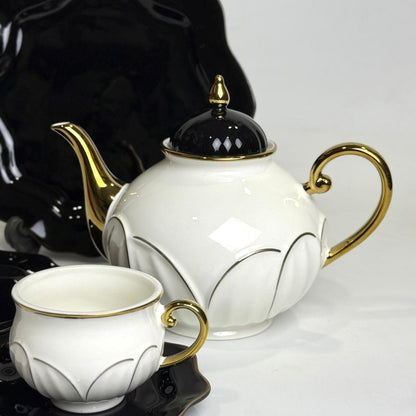 Classic 24PCS Tea Set – Black & White Bone China with Gold Rim Finish