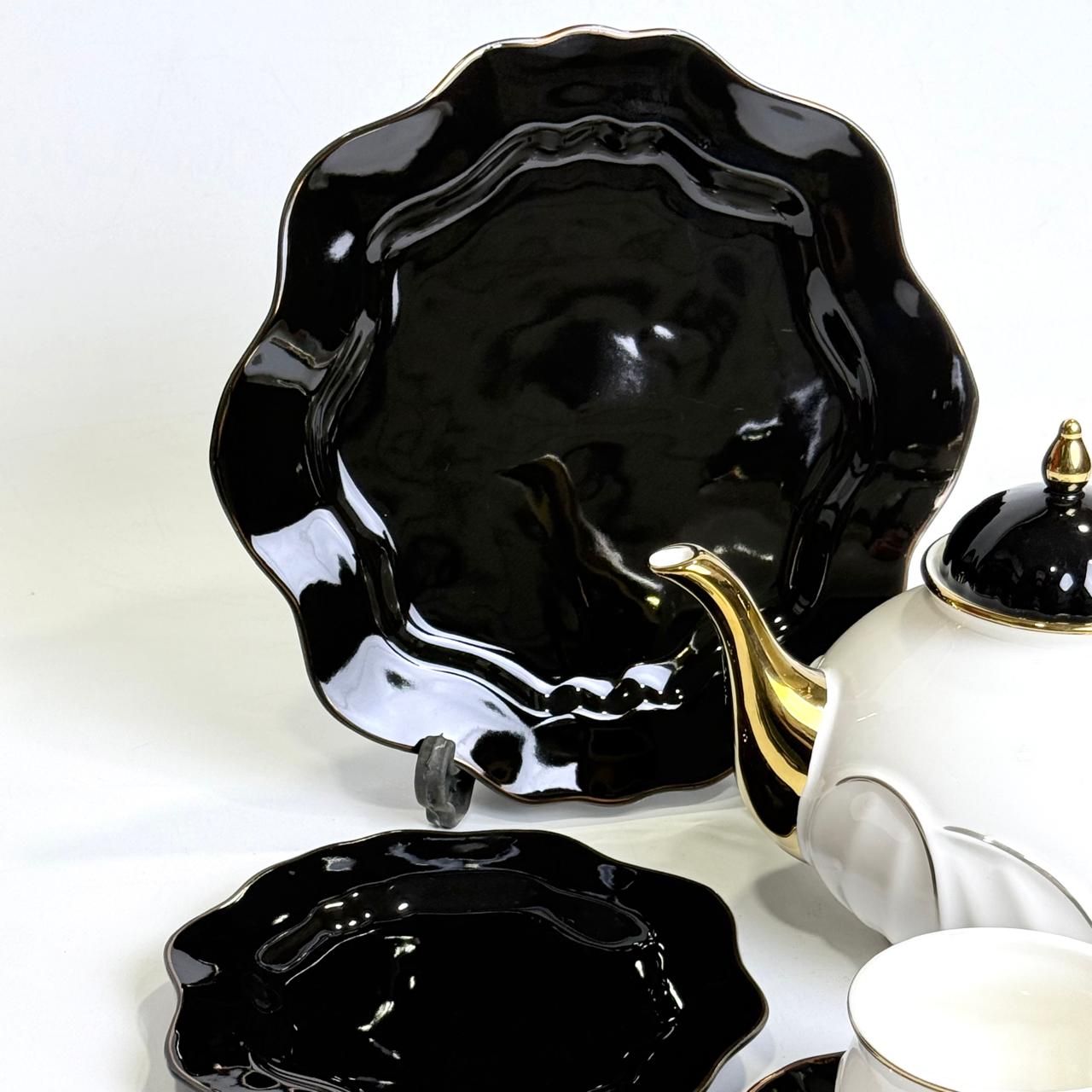 Classic 24PCS Tea Set – Black & White Bone China with Gold Rim Finish