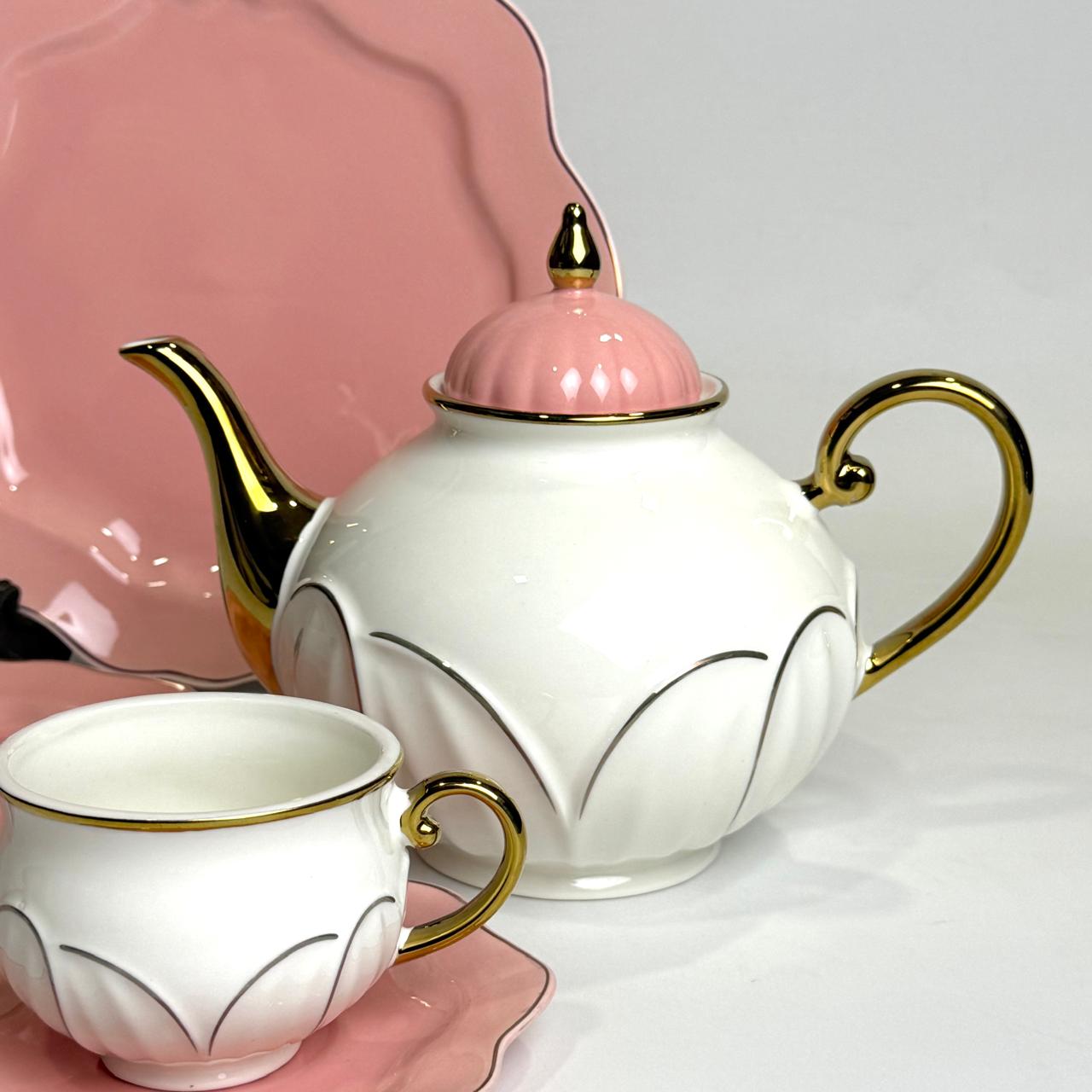 Luxury 24-Piece Bone China Tea Set – Blush Pink & White with Gold Accents