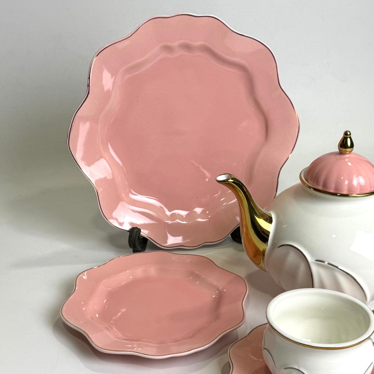 Luxury 24-Piece Bone China Tea Set – Blush Pink & White with Gold Accents