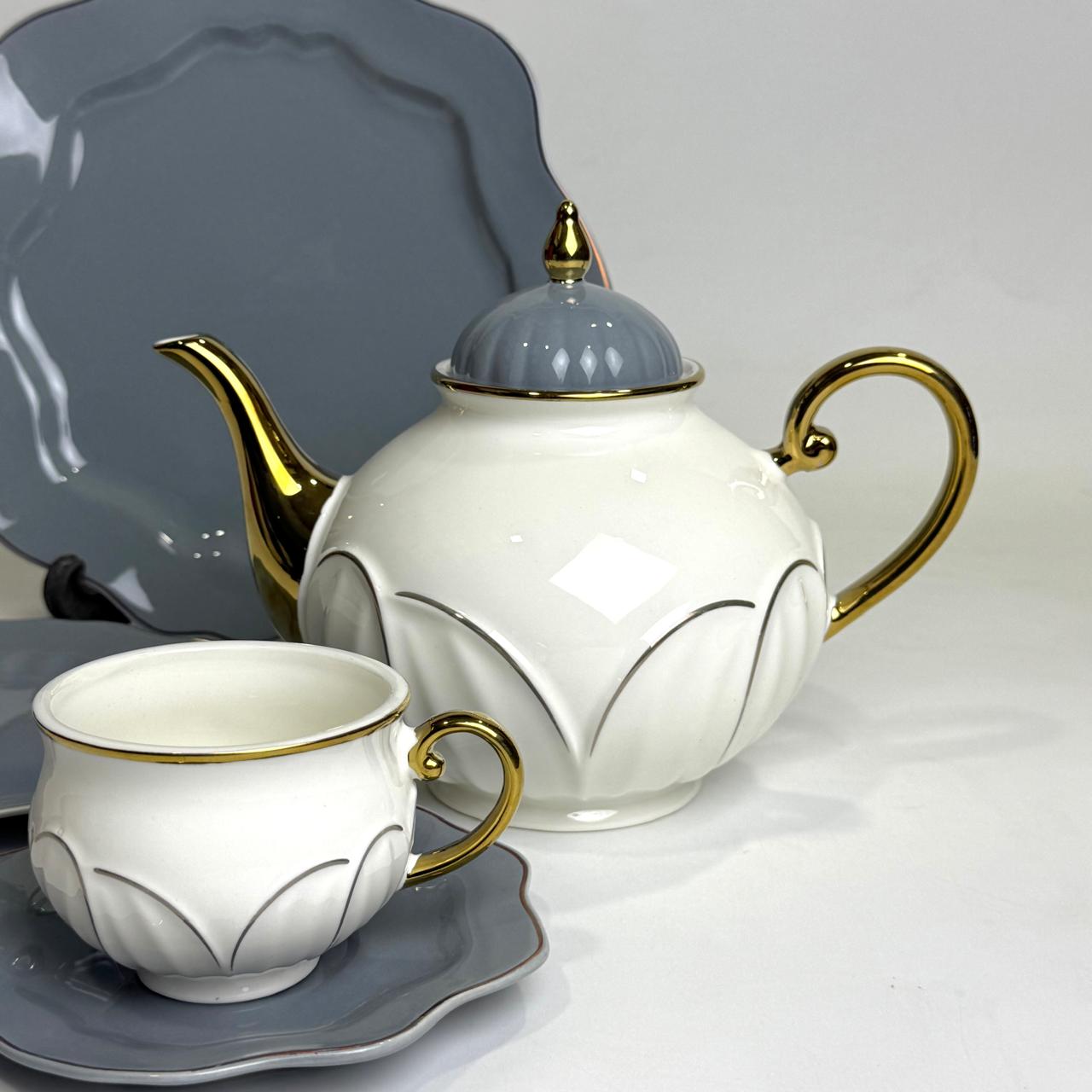 Classic 24-Piece Bone China Tea Set with Gold Rim – Modern Grey & White