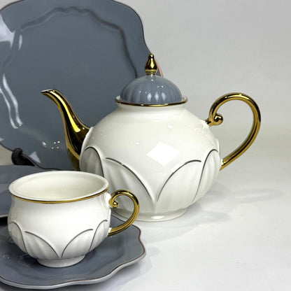 Classic 24-Piece Bone China Tea Set with Gold Rim – Modern Grey & White