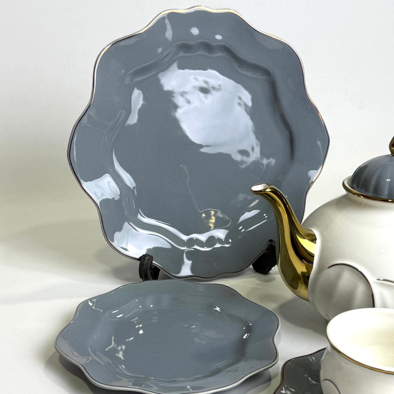 Classic 24-Piece Bone China Tea Set with Gold Rim – Modern Grey & White