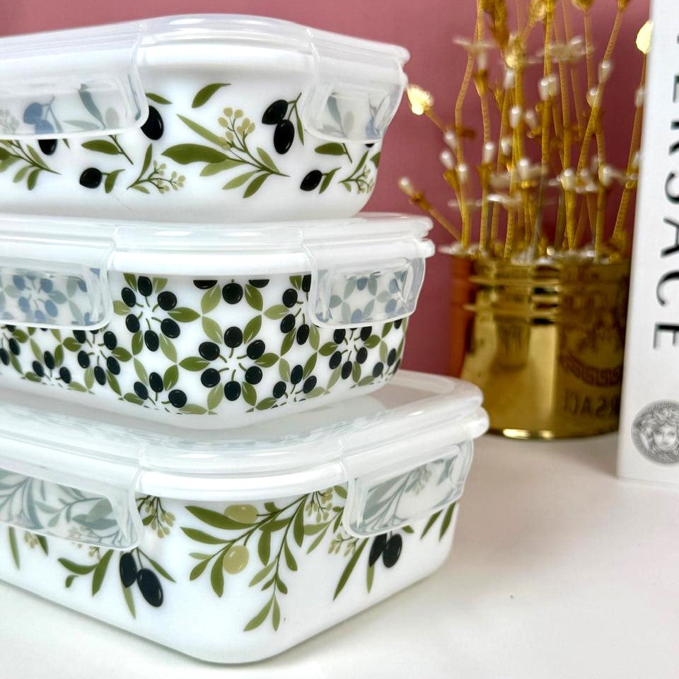 Marble 3-Piece Storage Box Set | Leak Proof & Airtight Glass Containers with Lock Lids