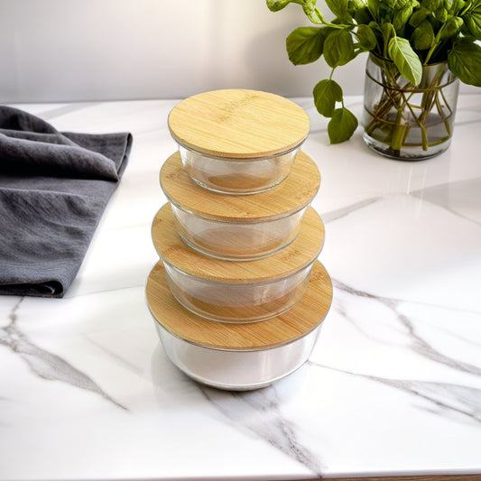 Round Glass Food Storage Containers with Airtight Bamboo Lids