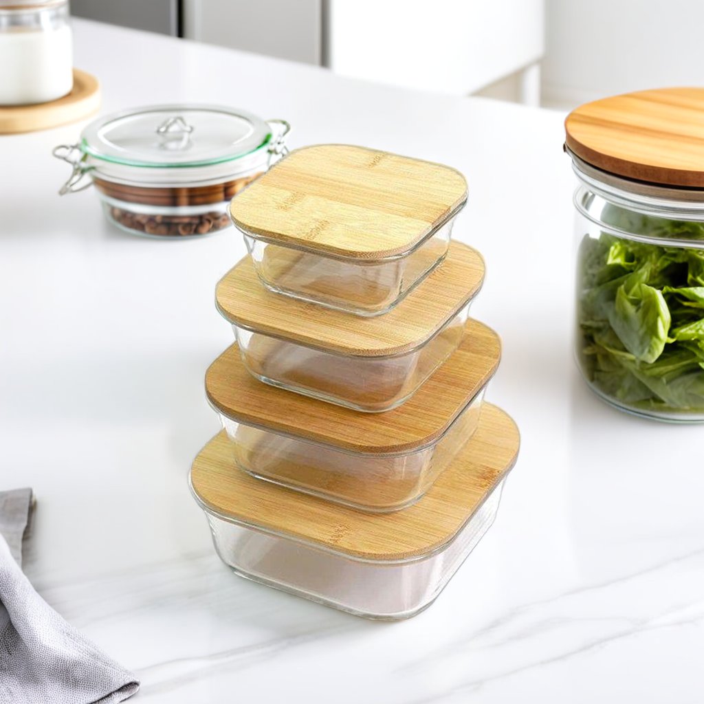 Square Glass Storage Containers with Airtight Bamboo Lids