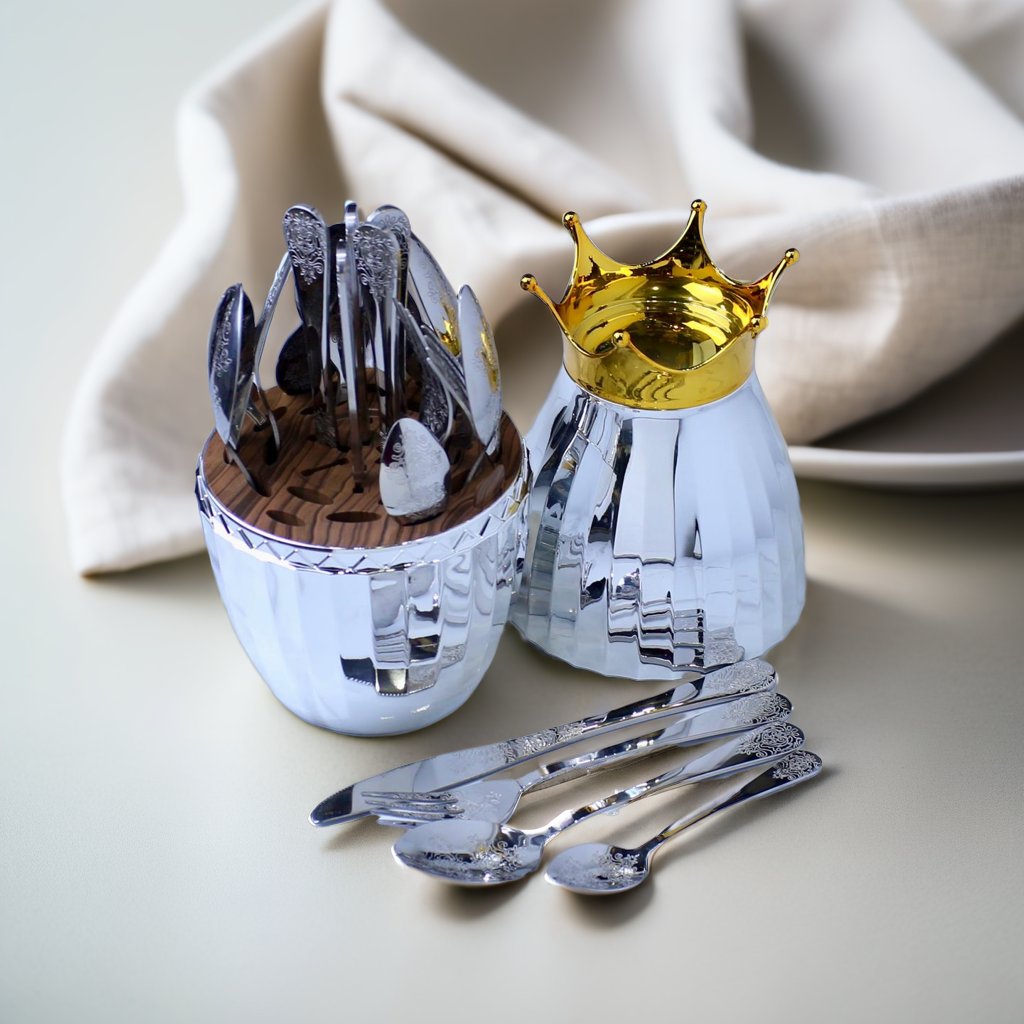 Luxury Silver Cutlery Set with Crown Holder