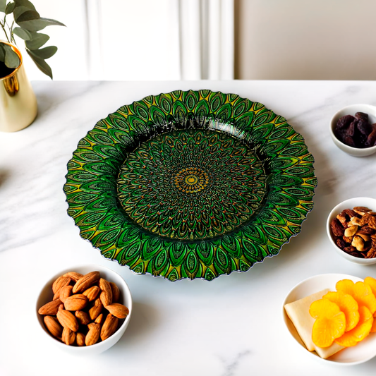 Decorative Textured Glass Decoration Plate with Peacock Pattern-13 inches