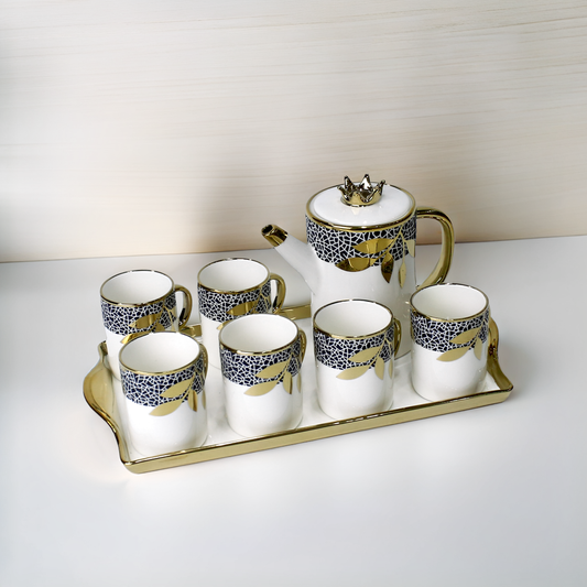 Golden Leaf Pattern Elegant Coffee Set - 8 pcs set