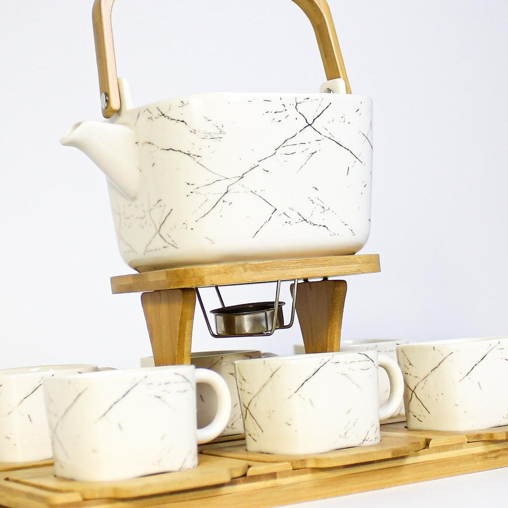 Elegant Black/White Marble Design Ceramic Coffee Set with Wooden Tray
