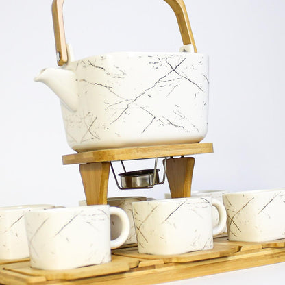 Elegant Black/White Marble Design Ceramic Coffee Set with Wooden Tray