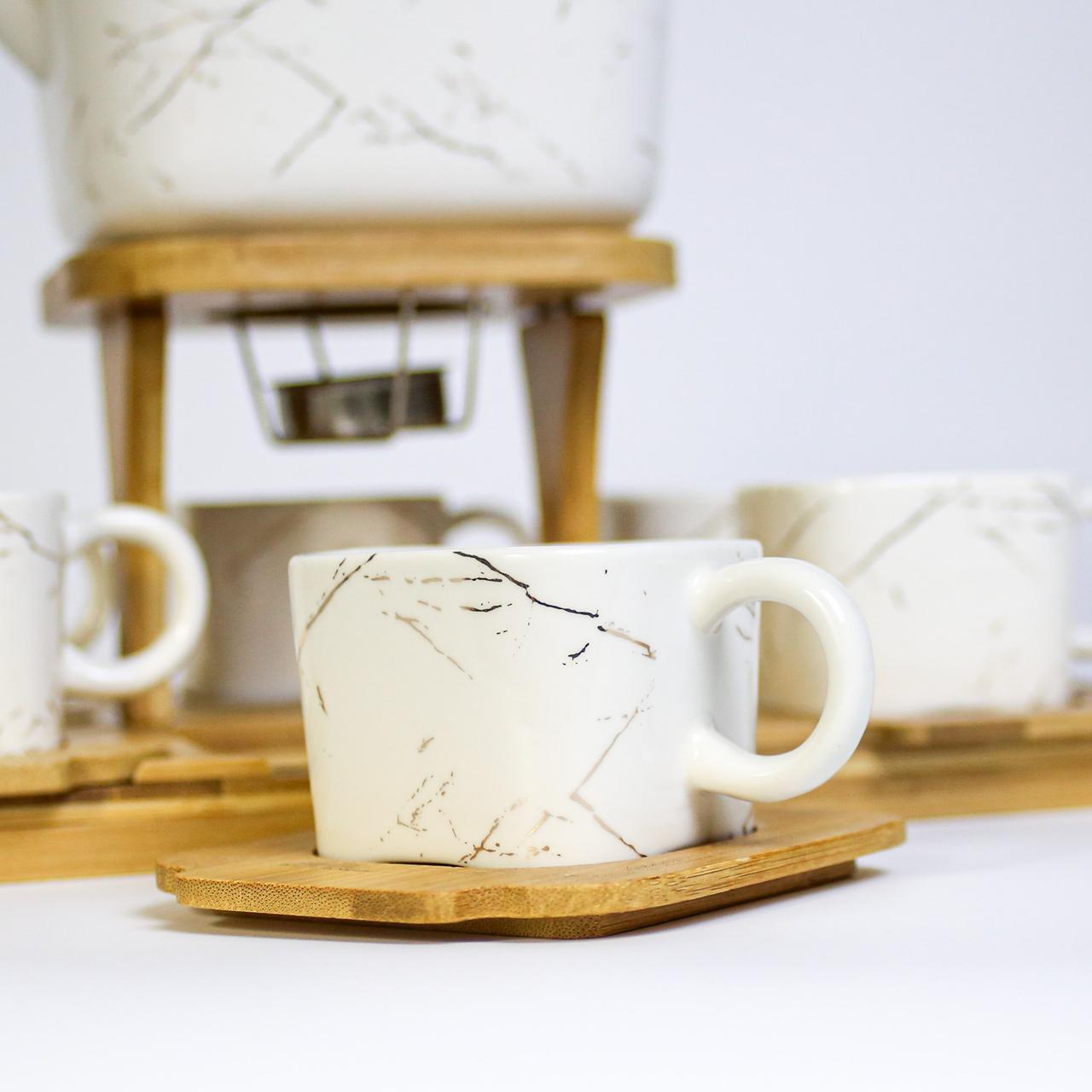 Elegant Black/White Marble Design Ceramic Coffee Set with Wooden Tray