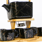 Elegant Black/White Marble Design Ceramic Coffee Set with Wooden Tray
