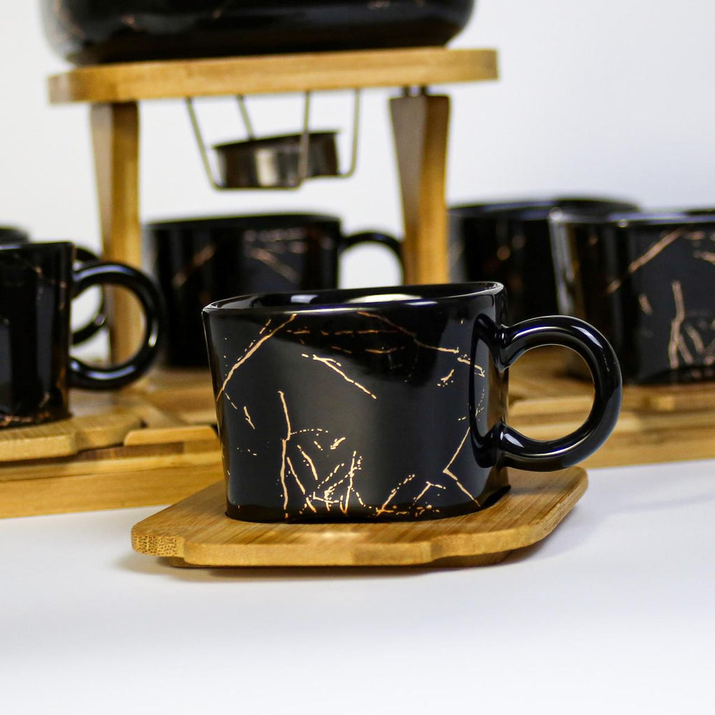 Elegant Black/White Marble Design Ceramic Coffee Set with Wooden Tray