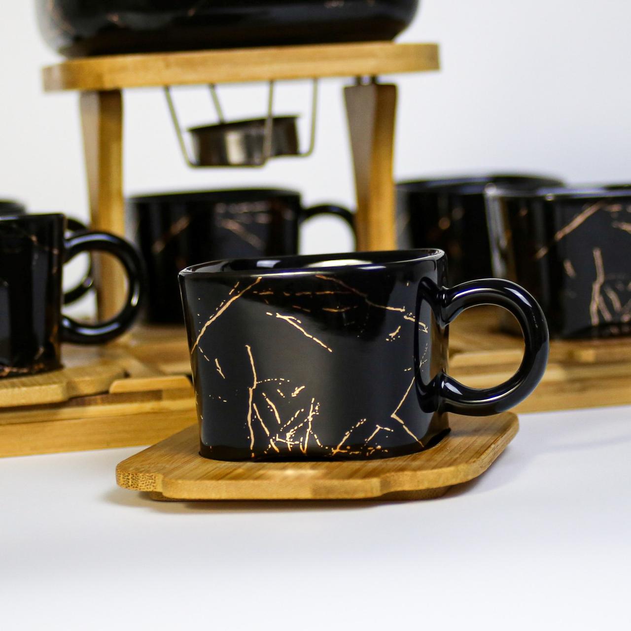 Elegant Black/White Marble Design Ceramic Coffee Set with Wooden Tray