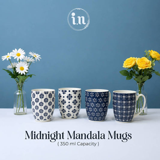 Set of 4 Midnight Mandala Ceramic Printed Mug – 350ml | Individual Designs | Elegant Modern Look