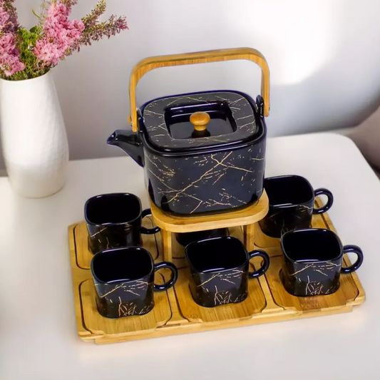 Elegant Black/White Marble Design Ceramic Coffee Set with Wooden Tray