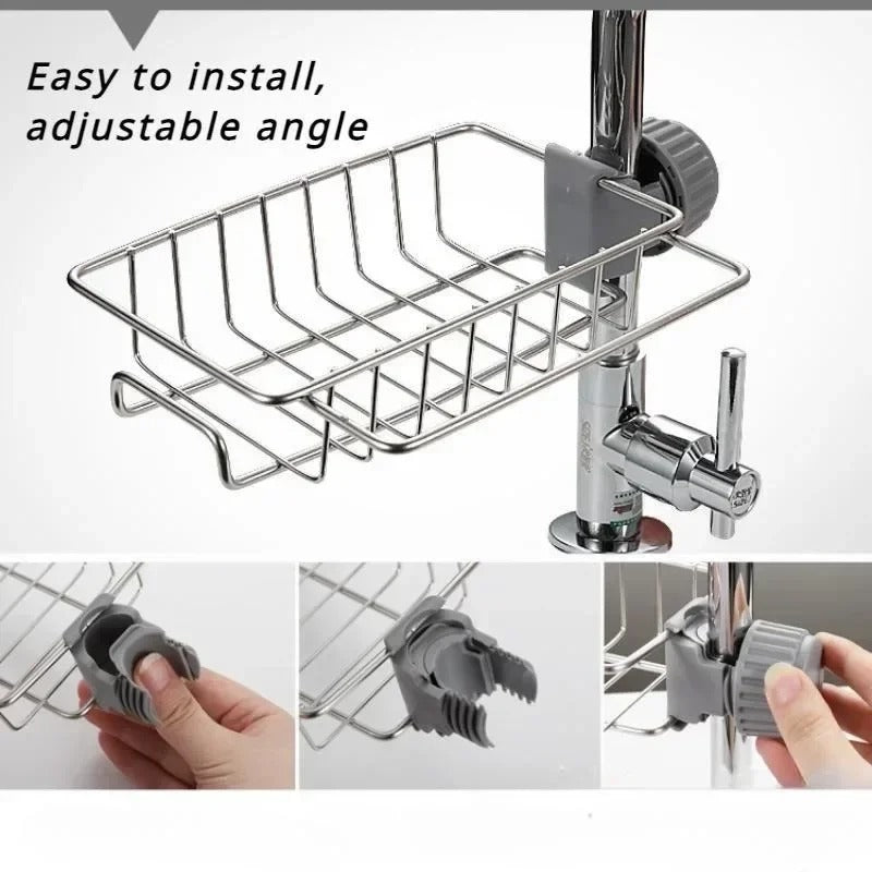 Faucet Rack | Sink Sponge Holder Basket for Kitchen (No Rust, Easy Drain)