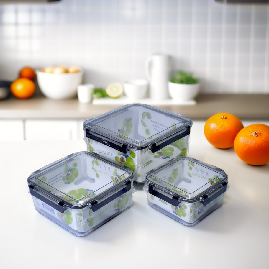 Air Tight Square Plastic Storage Containers Set - 550ML, 1500ML, 3750ML