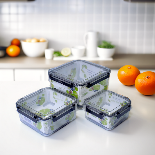 Air Tight Square Plastic Storage Containers Set - 550ML, 1500ML, 3750ML