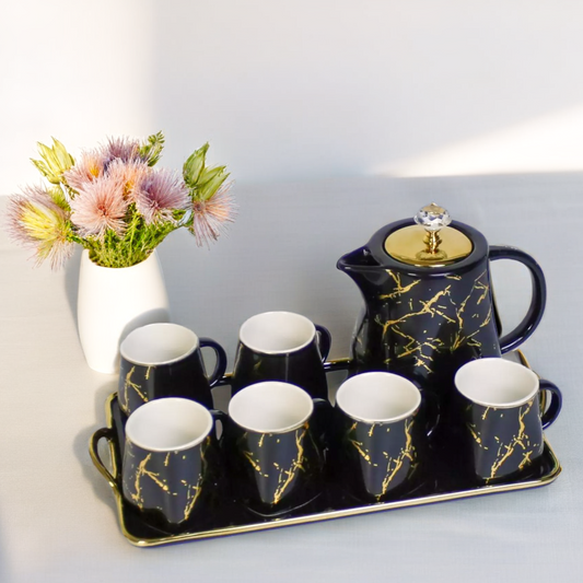 Elegant 9-Piece Porcelain Coffee Set with Marble Design and Gold Accents