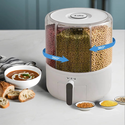 360° Rotating Grain Storage Container | Multi-Compartment Rice, Lentil & Bean Dispenser