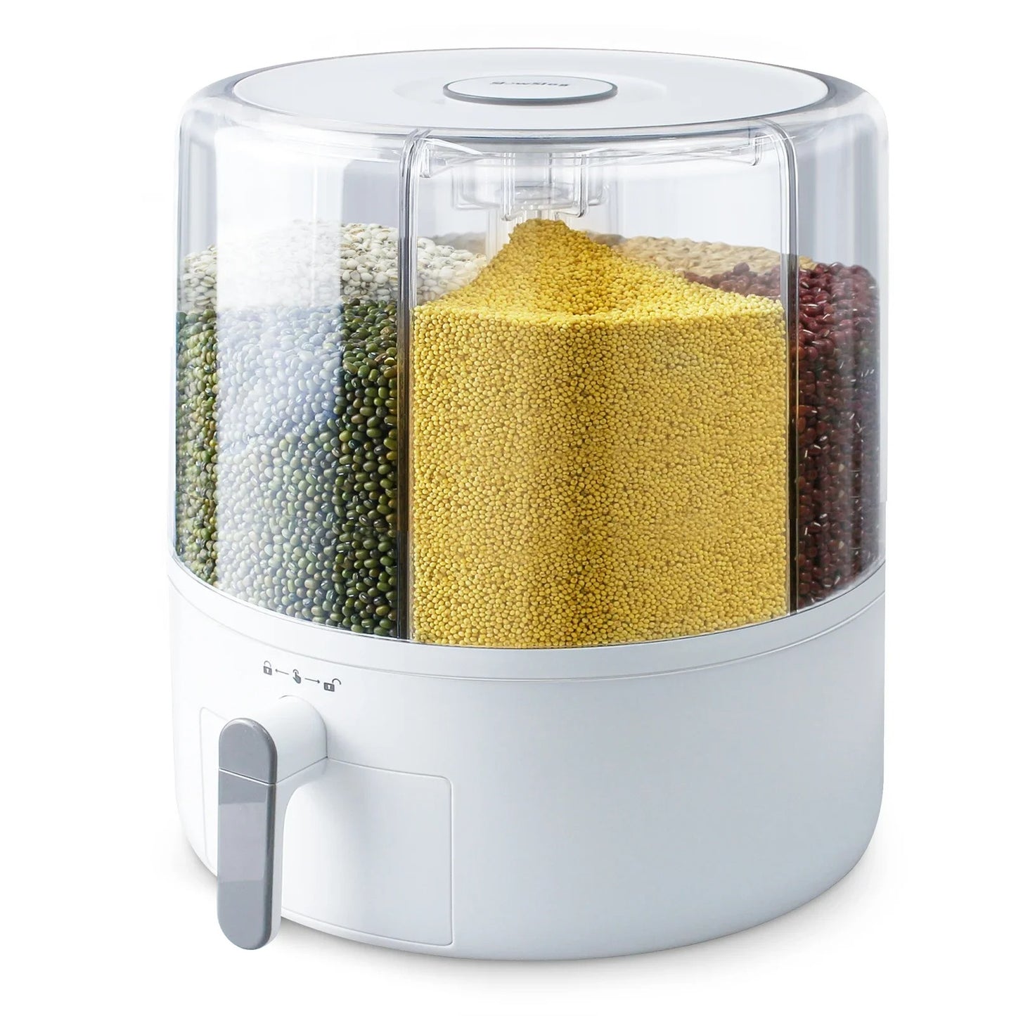 360° Rotating Grain Storage Container | Multi-Compartment Rice, Lentil & Bean Dispenser
