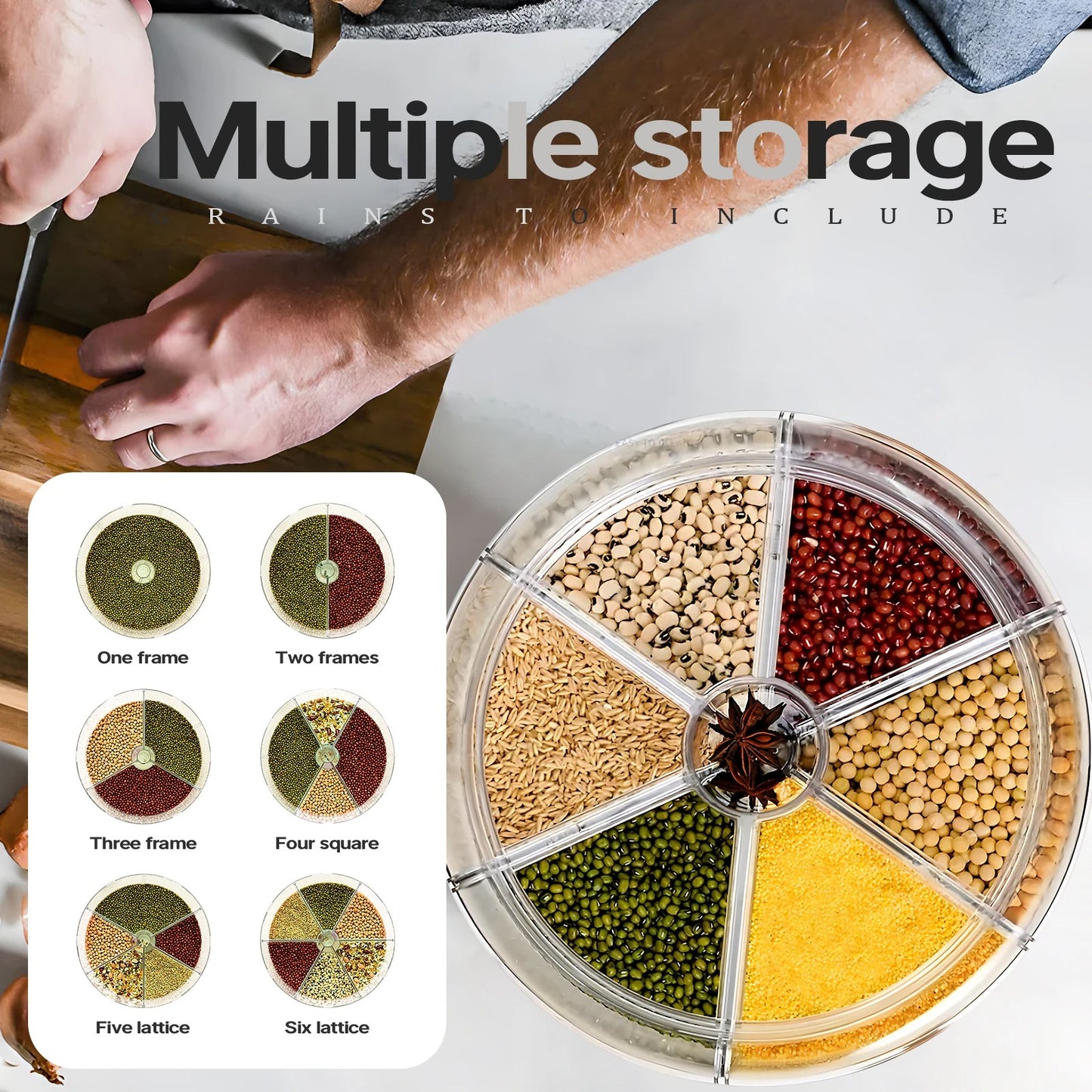 360° Rotating Grain Storage Container | Multi-Compartment Rice, Lentil & Bean Dispenser