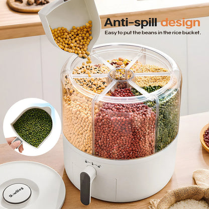 360° Rotating Grain Storage Container | Multi-Compartment Rice, Lentil & Bean Dispenser